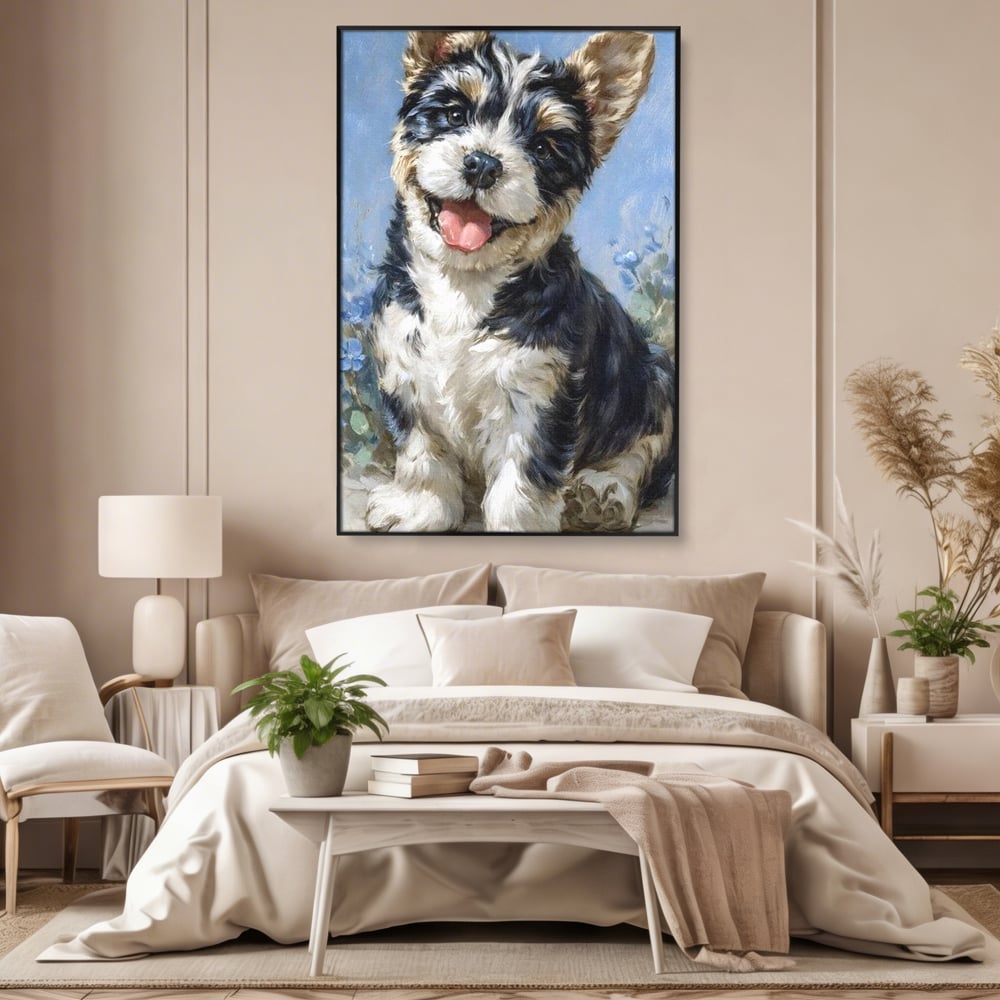 Tablou canvas cu tablou canvas cu catelus pufos, in rama de aluminiu negru, pe perete intr-un dormitor